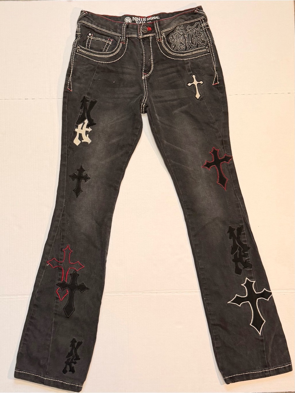Ninth Hall Signal Crosses Flared Jeans Flap Pocket Patch Zumiez 30 Streetwear